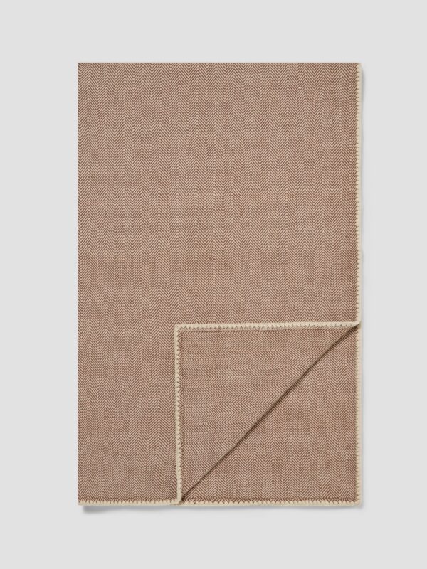 Mocha Herringbone Wool Blanket - Cream Zigzag Weave