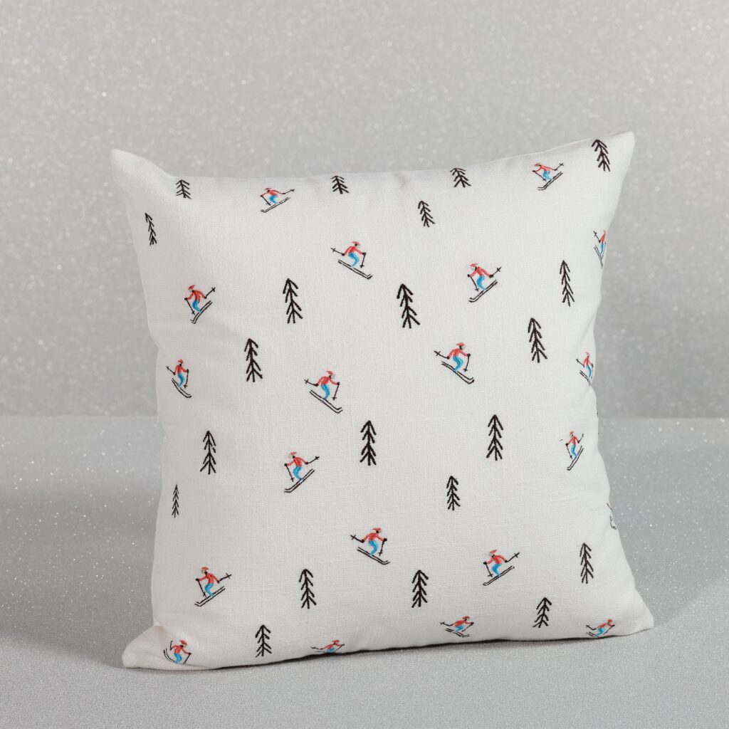 Trees and Skiers Cotton Embroidered Throw Pillow